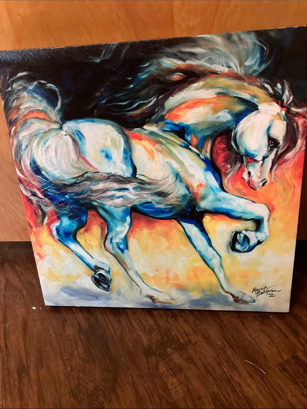 Source Unknown White Horse Painting with Blue and Orange Accents